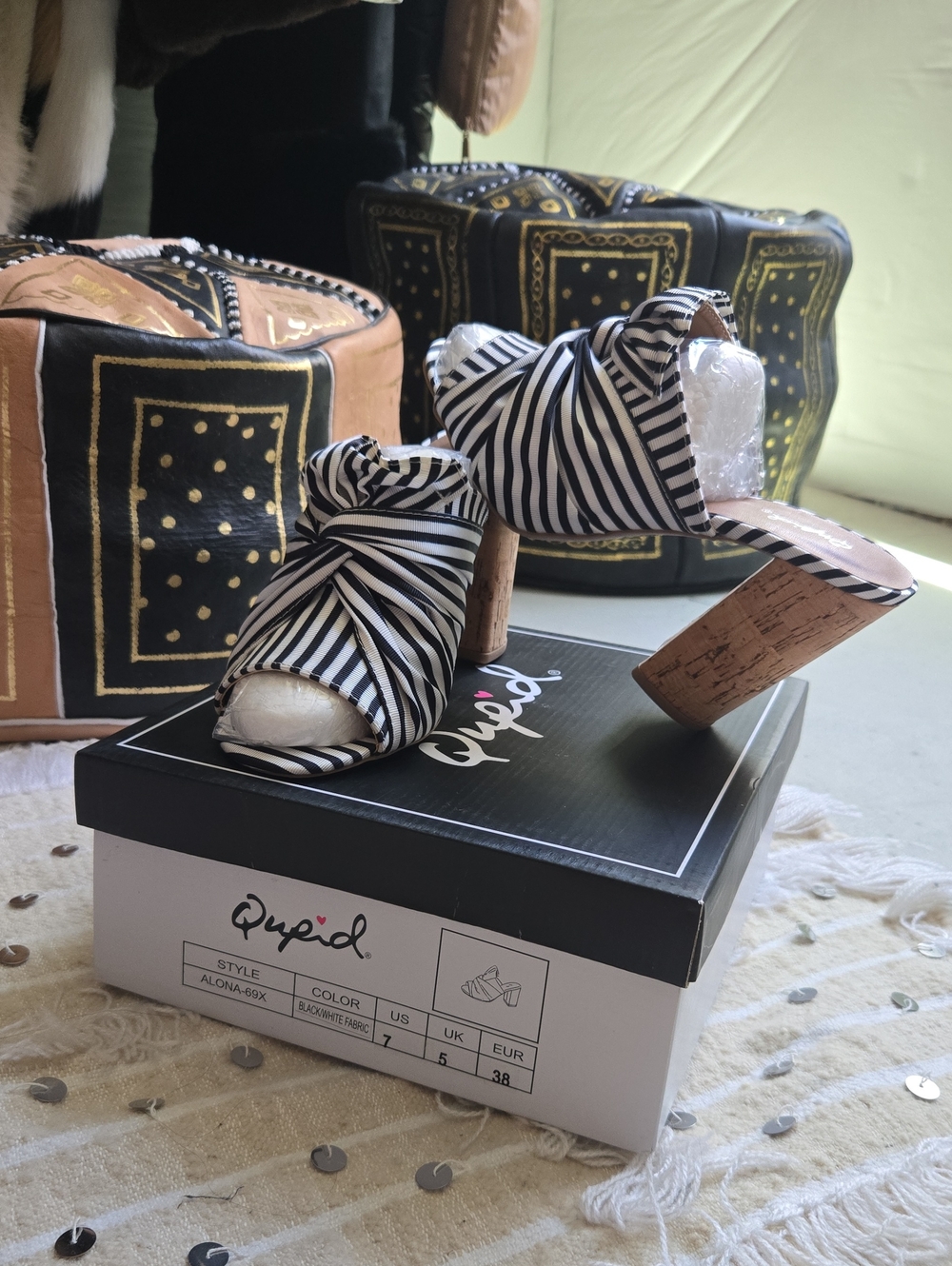 Qupid Black & White Striped Knot Open-Toe Cork Heel Mule